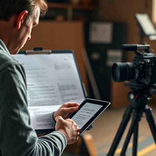 A director reviewing a script breakdown template on a tablet