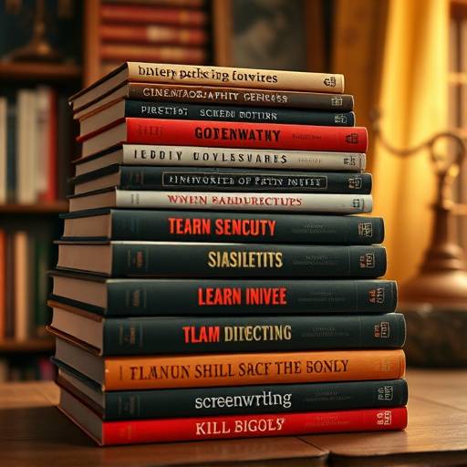 A stack of books on directing, cinematography, and screenwriting
