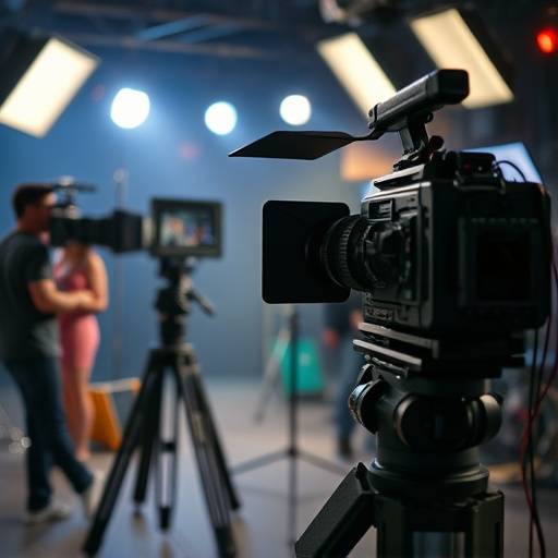 Behind the scenes of a film shoot, showing camera and lighting equipment