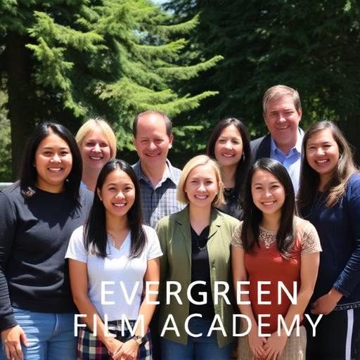 Group photo of the Evergreen Film Academy team, including instructors and staff, smiling together.